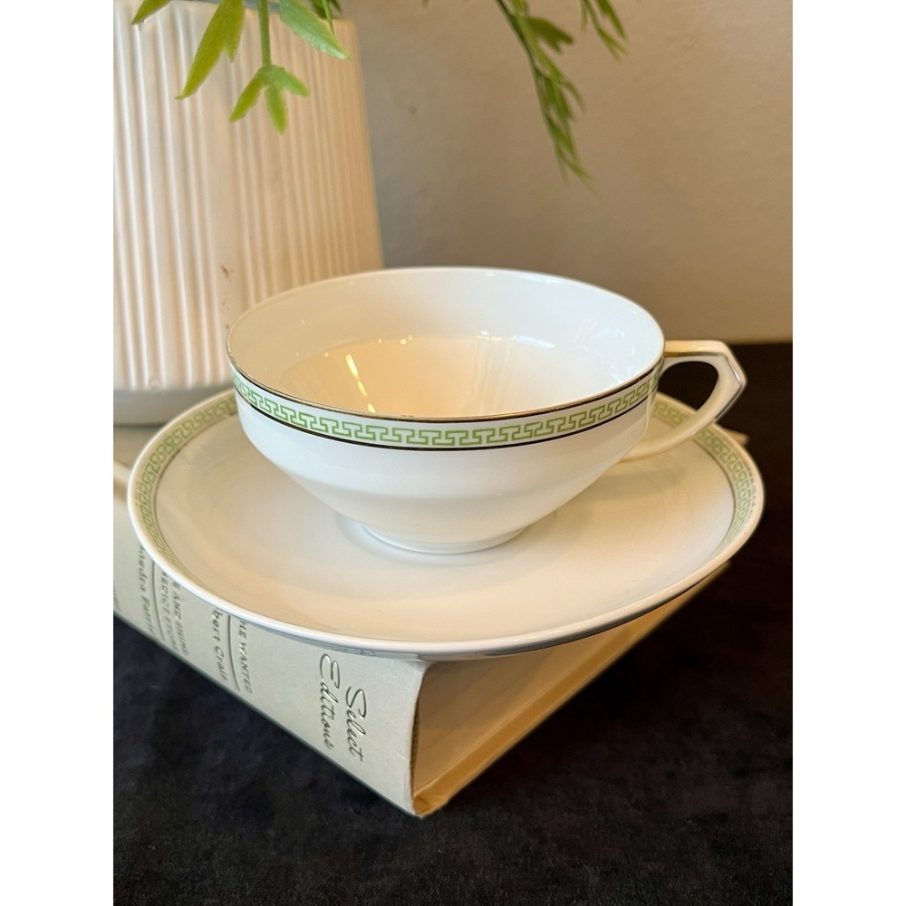 Vintage Heinrich HC Bavaria Electra Green Greek Key Teacup Saucer Set Germany